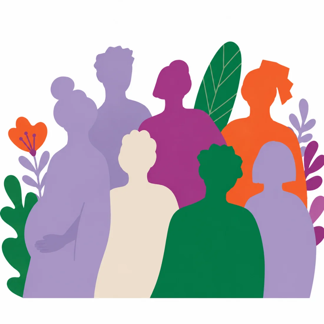 Ilustração de um grupo diverso de mulheres e pessoas — Clínica do Coletivo Feminista
